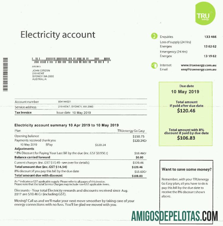 realista Modelo de conta de serviço público de eletricidade Tru da Austrália, totalmente editável em formato PSD